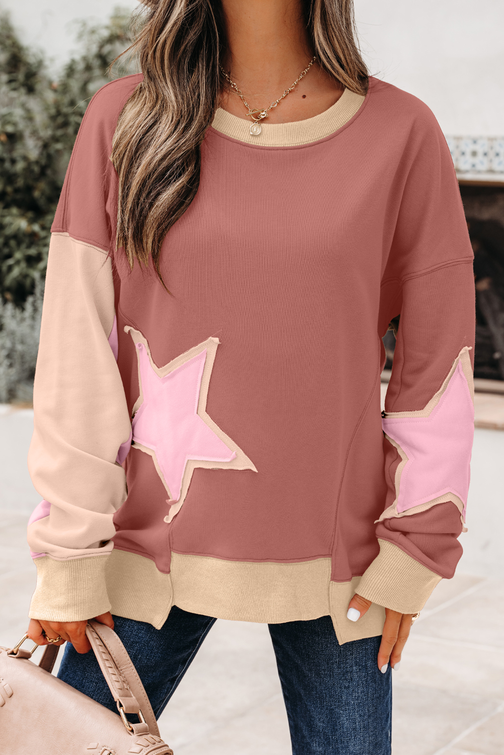Rose Pink Contrast Star Patchwork Exposed Seam Uneven Hem Drop Shoulder Sweatshirt - Image 11