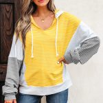 Yellow Stripe Color Block Drawstring V Neck Loose Fit Hooded Top