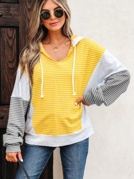 Yellow Stripe Color Block Drawstring V Neck Loose Fit Hooded Top