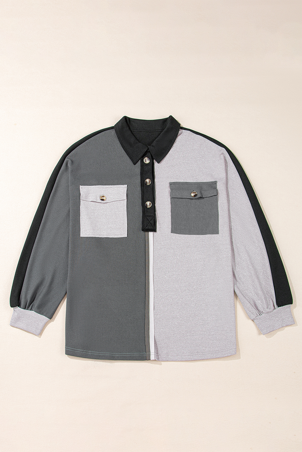 Gray Colorblock Ribbed Collared Oversized Sweatshirt - Image 6