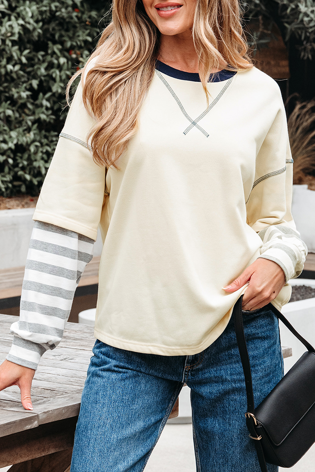 Beige Striped Patchwork Long Sleeve Round Neck Two-in-one Top - Image 7