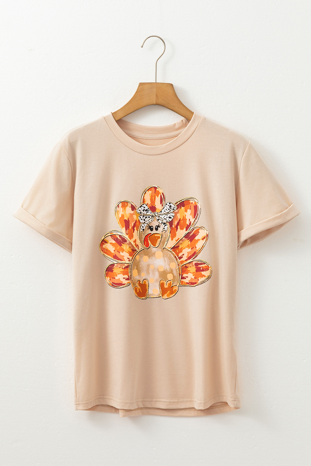 Khaki Thanksgiving Bowknot Turkey Graphic Crewneck Tee - Image 6