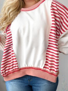 Red Stripe Color Block Patchwork Seam Detail Plus Size Sweatshirt