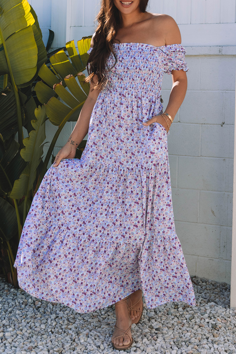 Purple Floral Short Bubble Sleeve Shirred High Waist Maxi Dress - Image 7
