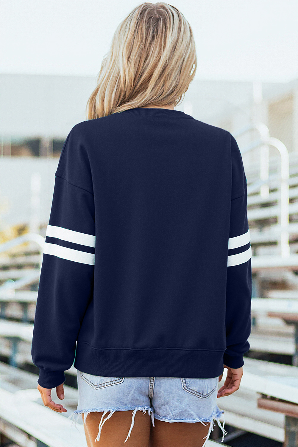 Navy Blue Varsity Striped Detail Drop Shoulder Oversized Sweatshirt - Image 2