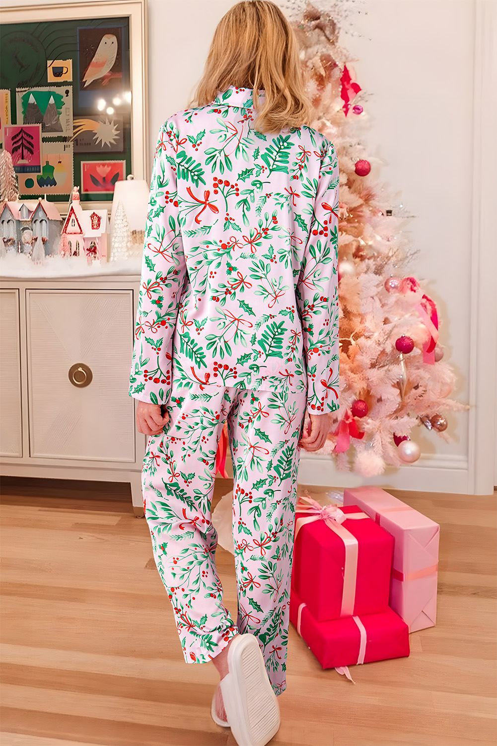 Pink Christmas Berries Plant Print Satin Long Sleeve Pajama Set - Image 2