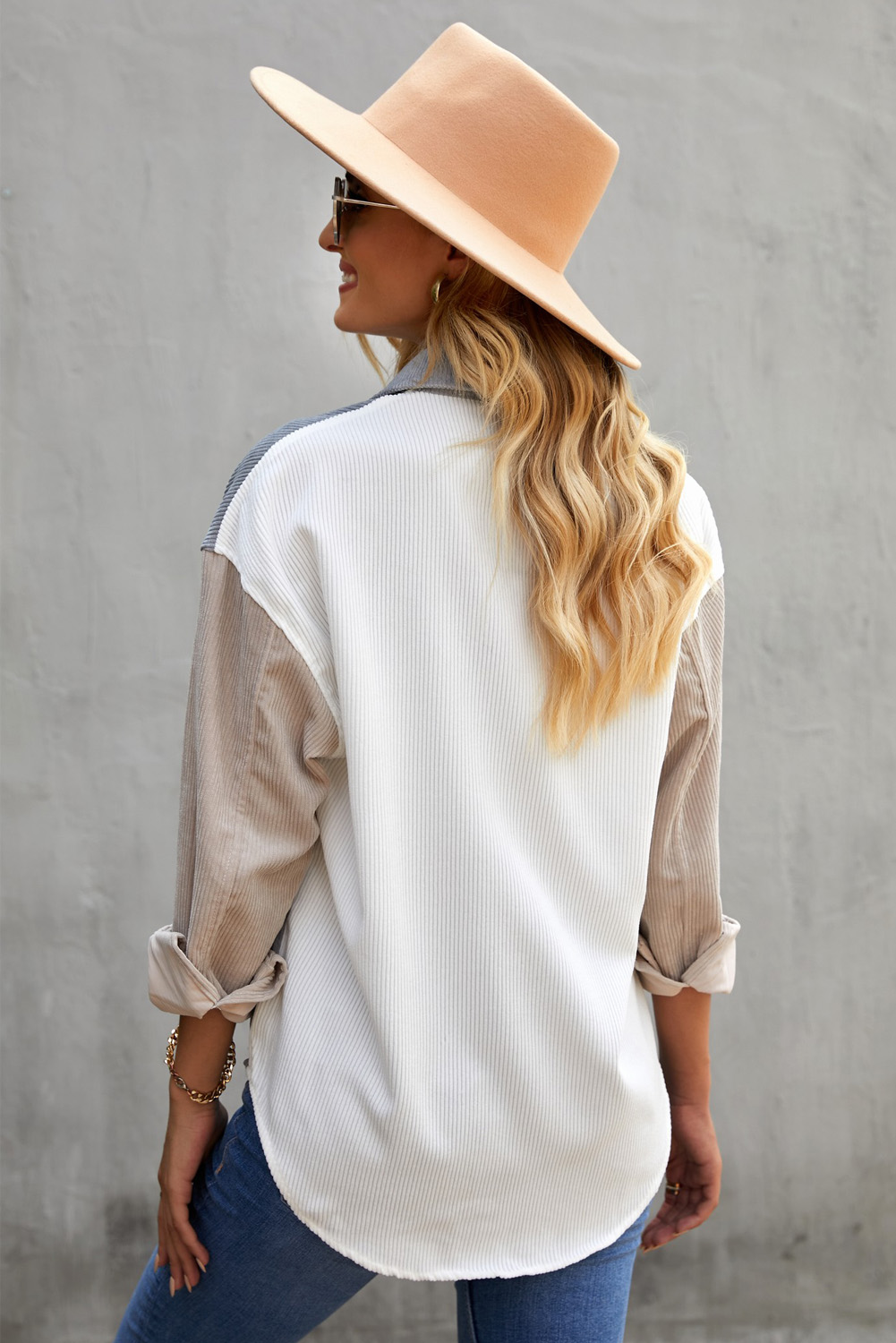 White Sequin Rugby Graphic Flap Pockets Corduroy Shacket - Image 2