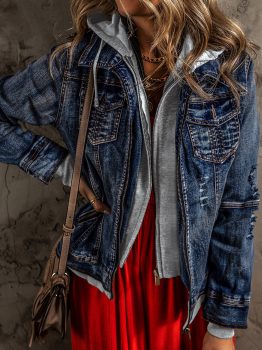 Dark Blue Fake Two-Piece Hooded Zip-Up Denim Jacket