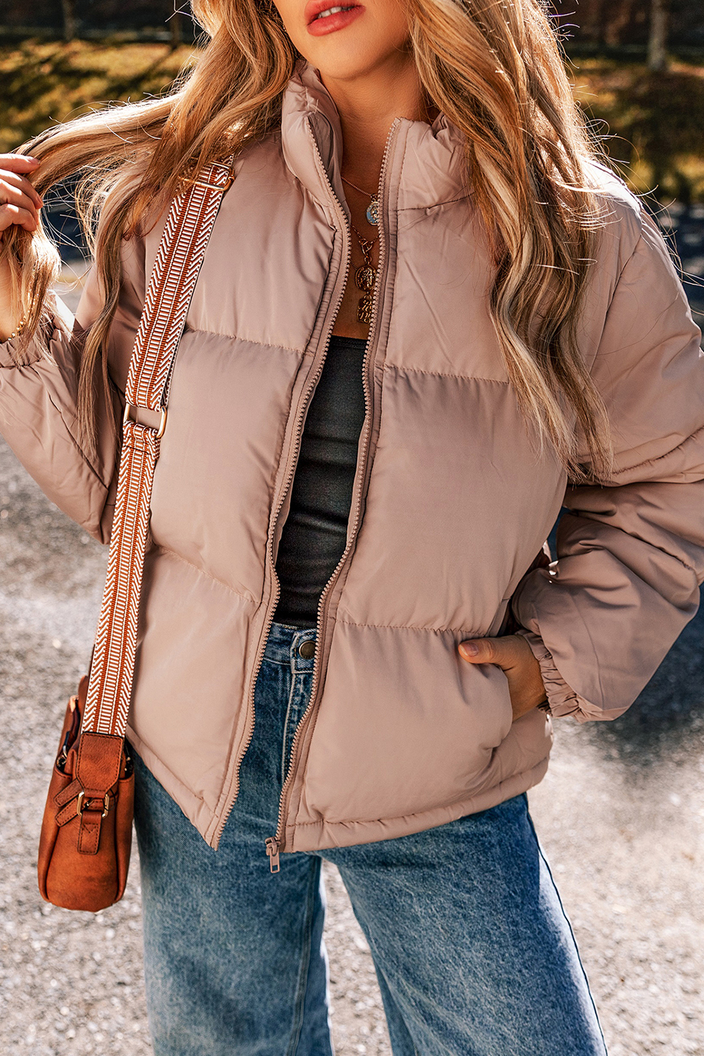 Apricot Pink Full Zipper Quilted Puffer Jacket - Image 3