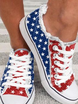 Multicolor American Flag Stars Printed Frayed Detail Lace-up Shoes