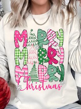 Beige MERRY Christmas Printed Drop Shoulder Pullover Sweatshirt