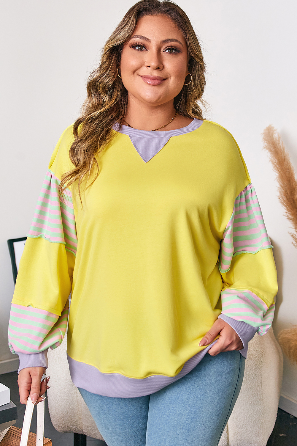 Yellow Striped Color Block Patchwork Crewneck Plus Size Pullover Sweatshirt - Image 3