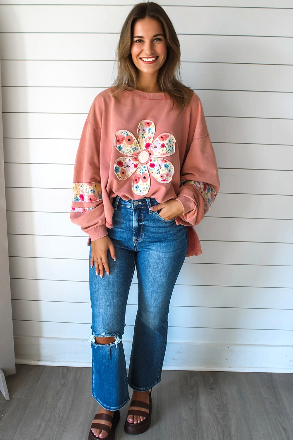Peach Blossom Floral Applique Baggy Pullover Sweatshirt - Image 2