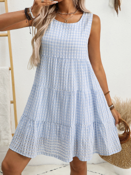 Light Blue Plaid Tiered A-line Sleeveless Mini Sundress