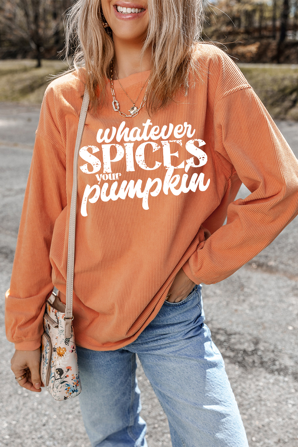 Orange Whatever Spices Your Pumpkin Graphic Corded Pullover Sweatshirt - Image 8