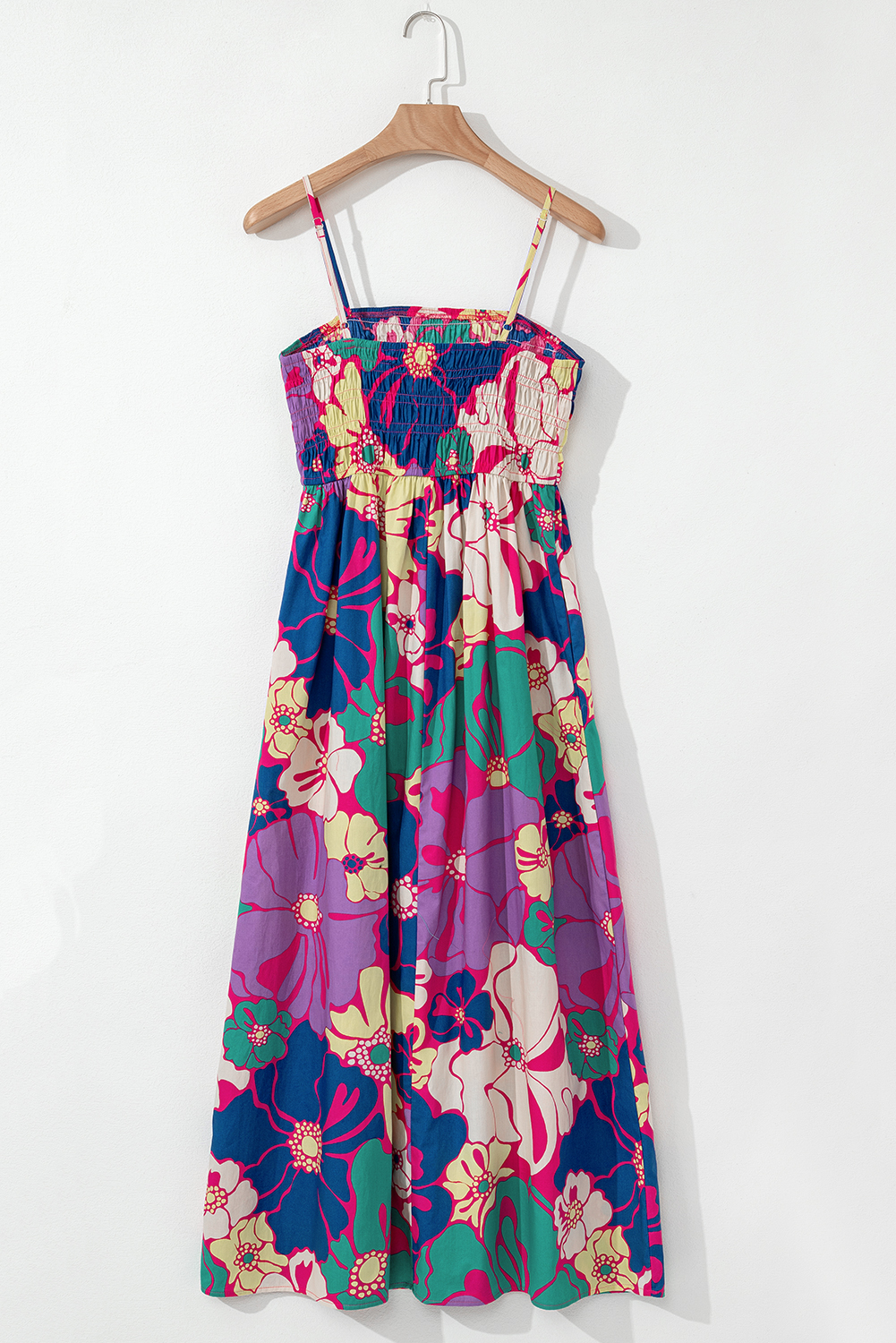 Purple Floral Print Shirred Spaghetti Strap Loose Maxi Dress - Image 6
