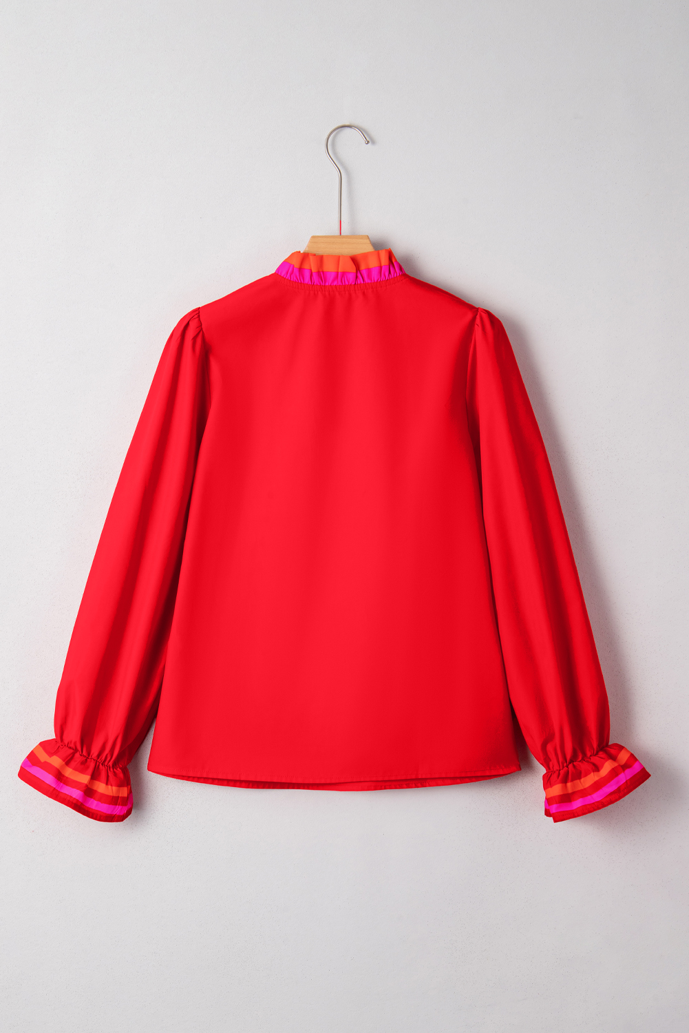 Fiery Red Striped Trim Ruffle Split Neck Long Sleeve Blouse - Image 4