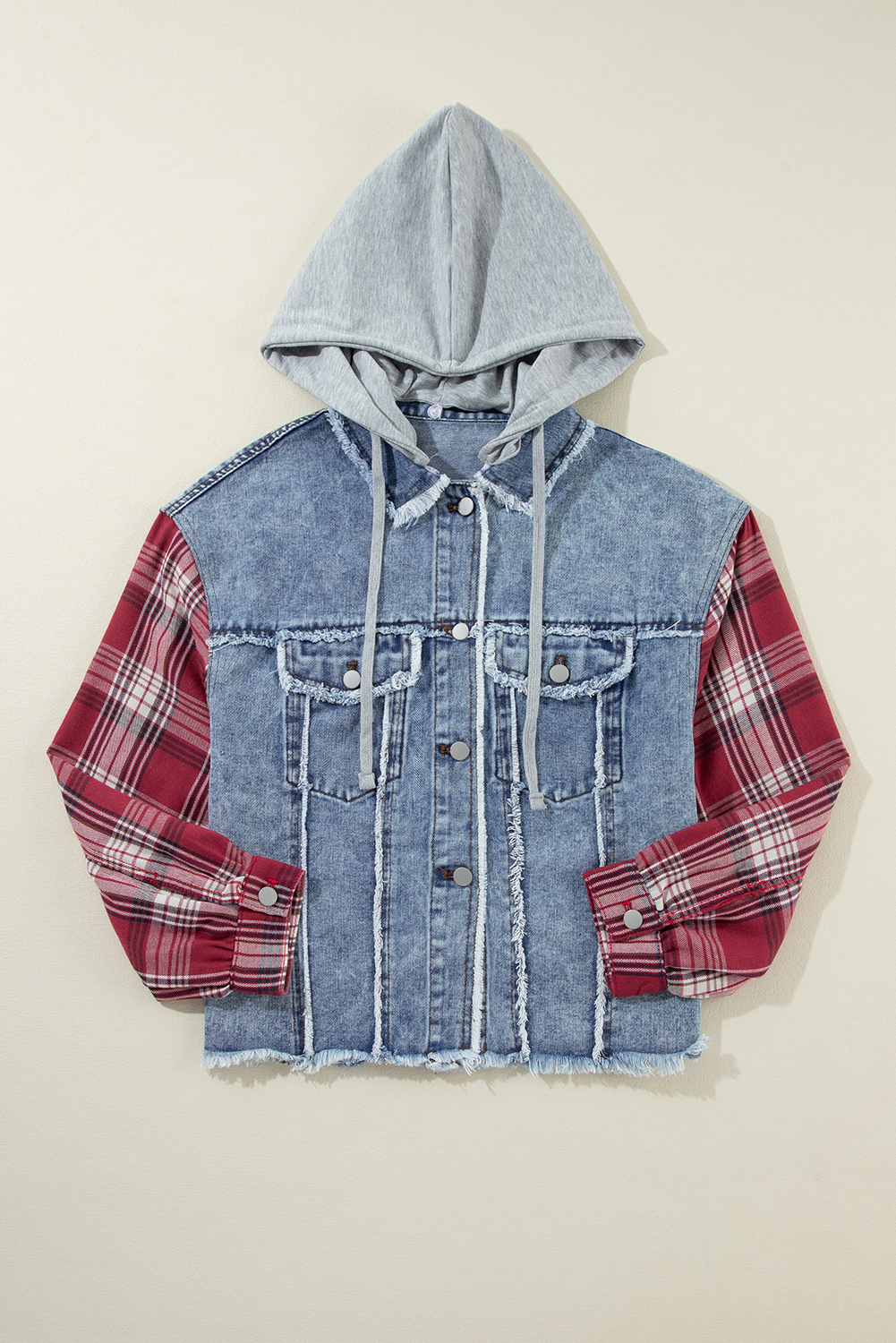 Beau Blue Plaid Print Patchwork Hooded Raw Hem Denim Jacket - Image 6