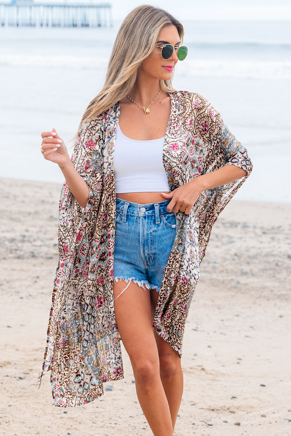 Apricot Floral Print Short Wide Sleeve Open Front Loose Kimono - Image 4