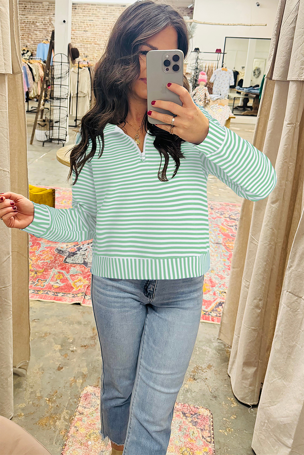 Green Stripe Quarter Zip Collar Pullover Long Sleeve Top - Image 3