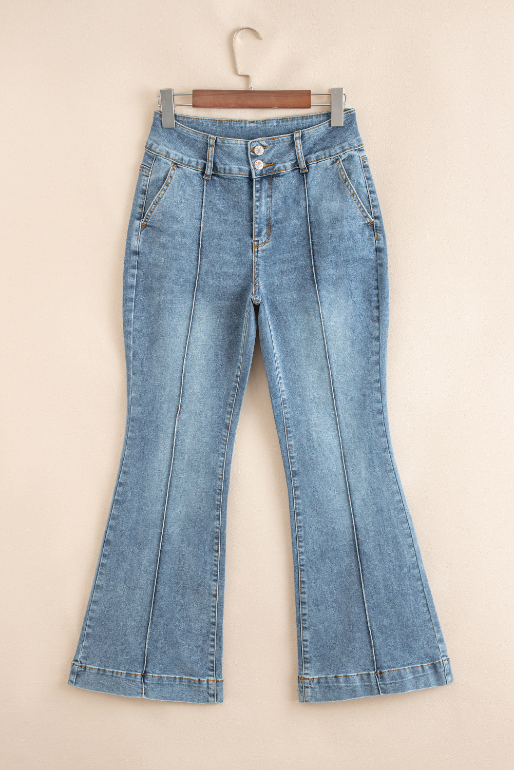 Dusk Blue 2 Button High Waist Piping Trim Bootcut Jeans - Image 4