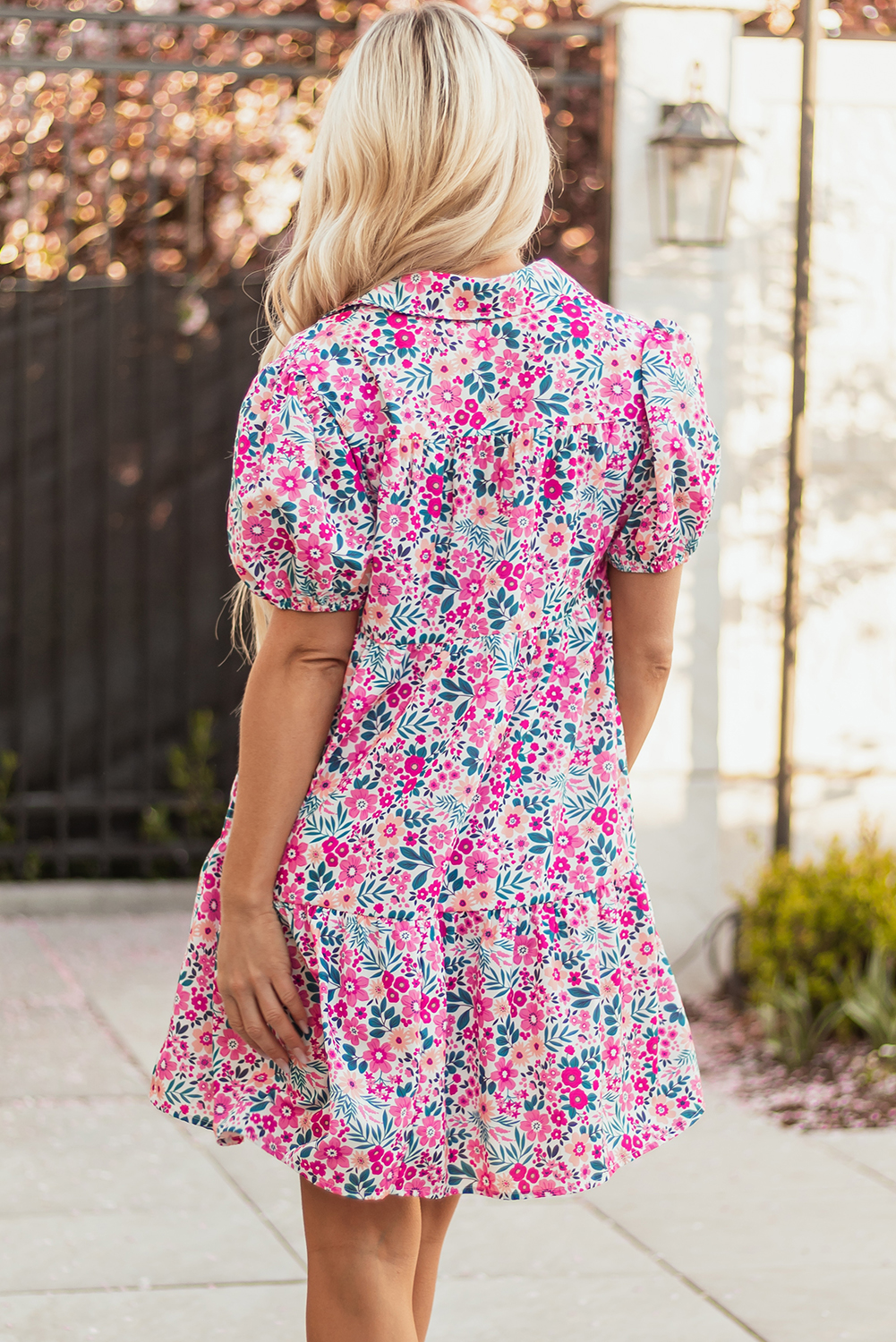 Pink Floral Collared Half Placket Short Sleeve Loose Dress - Image 2