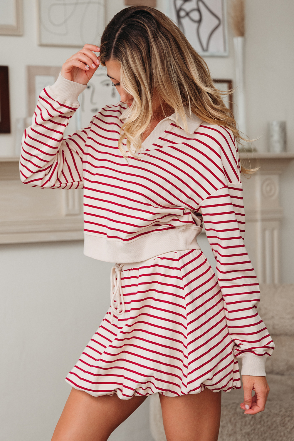 Red Stripe Cropped Collared Drop Shoulder Pullover and Bubble Mini Skirt Set - Image 3