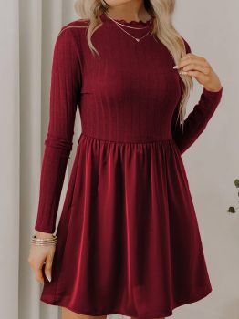 Red Dahlia Frilled Neck Ribbed Knit Patchwork Long Sleeve Mini Dress