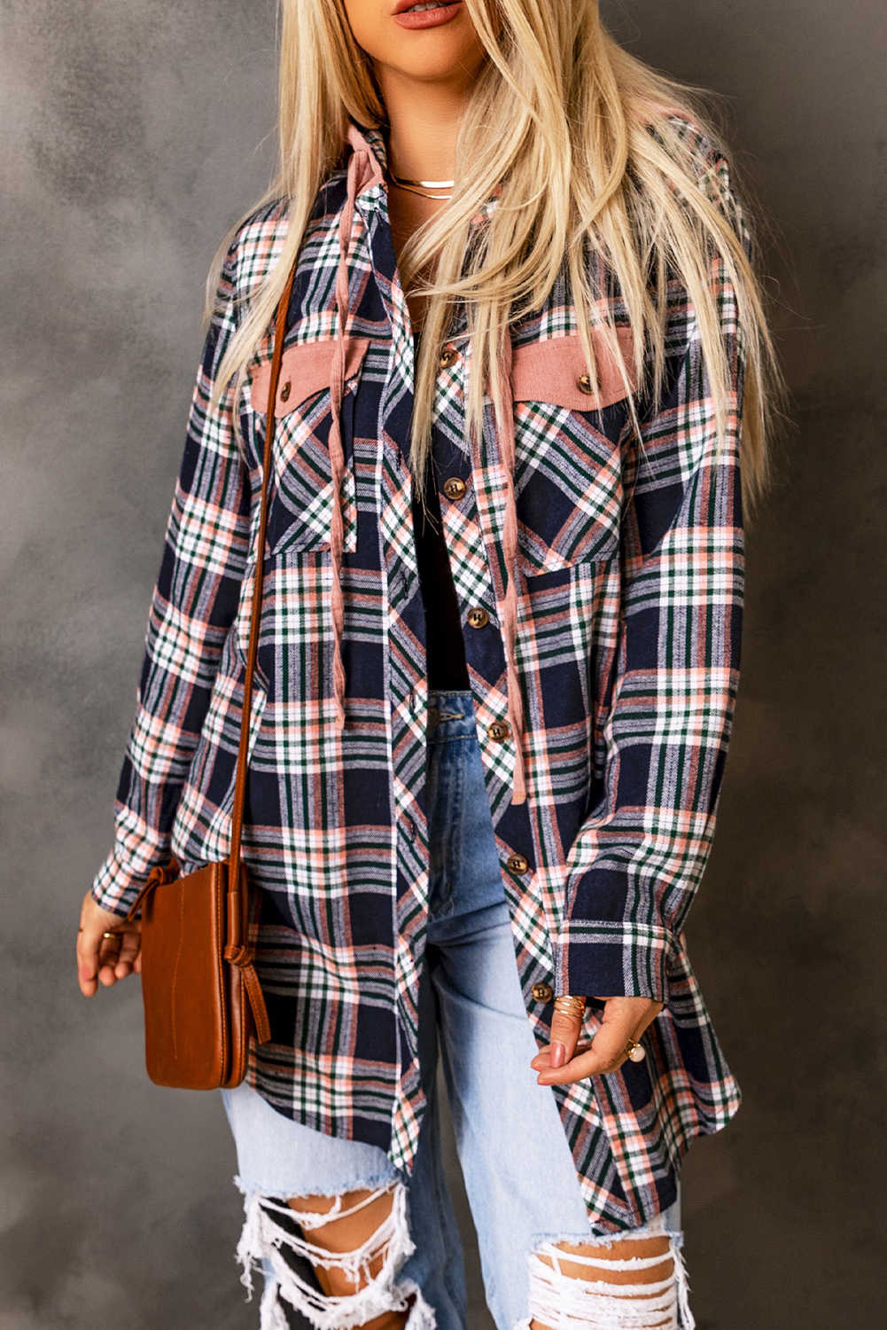 Pink Contrast Hooded Drawstring Plaid Shacket - Image 5