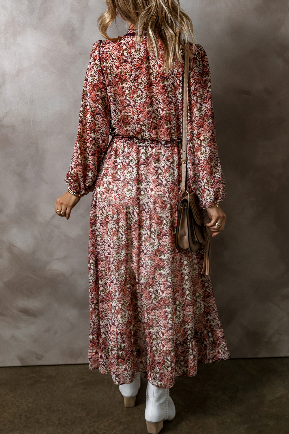 Brown Floral Print Split Front Tiered Frilled V Neck Midi Dress - Image 2