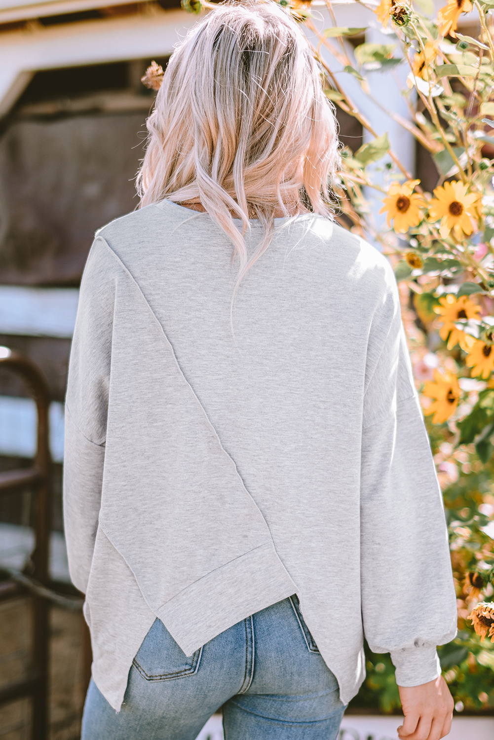 Khaki Colorblock Stitching Irregular Hem Long Sleeve Top - Image 2