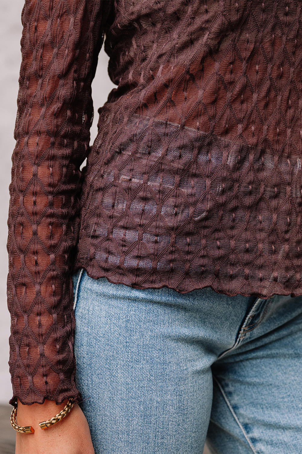 Coffee Sheer Mesh Patterned Lettuce Trim Slim Long Sleeve Top - Image 6