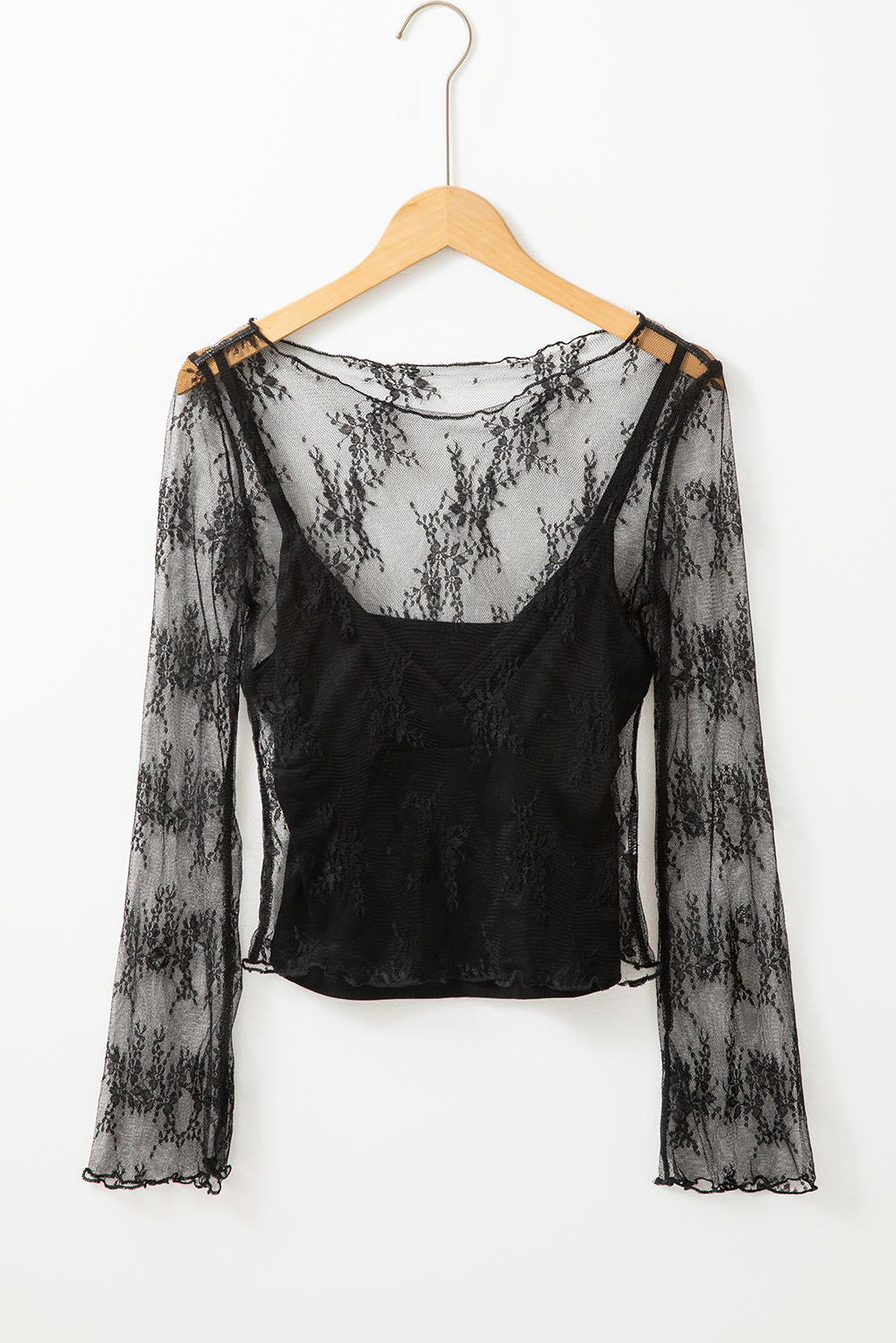 Black Lace Mesh Crochet Splicing Slim Fit Long Sleeve Blouse - Image 8