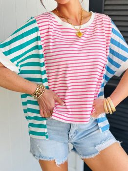 Pink Stripe Mixed Pattern Patchwork Uneven Hem Loose Tee