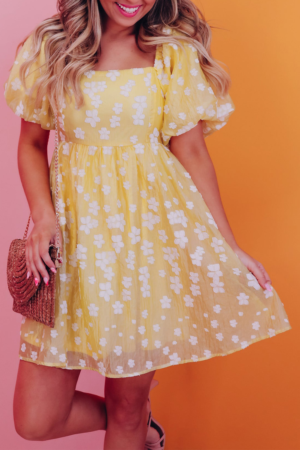 Yellow Boho Flower Jacquard Puff Sleeve Square Neck Mini Dress - Image 5