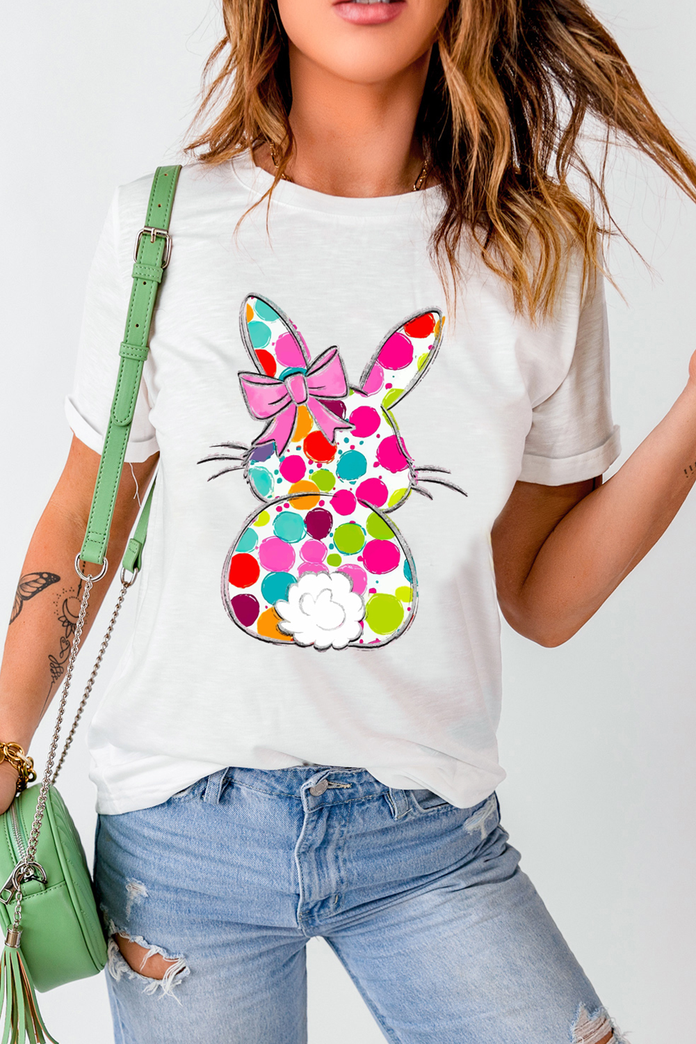 White Polka Dot Bow Rabbit Graphic Crewneck Easter Fashion Tee - Image 7