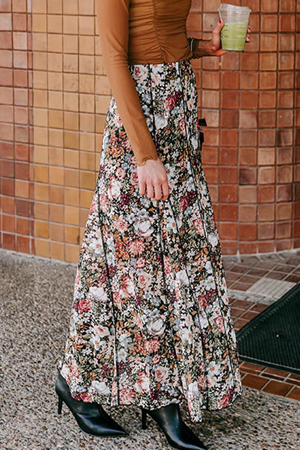 Brown Floral Print High Waist Maxi Skirt - Image 4