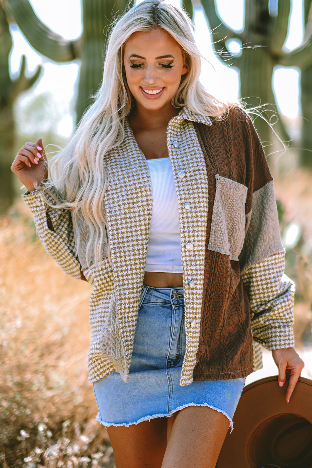 Khaki Houndstooth Color Contrast Textured Patchwork Loose Shacket - Image 4