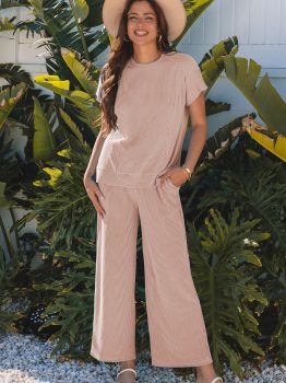 Smoke Gray Solid Corded Knit Short Sleeve T Shirt and Wide Leg Pants Set