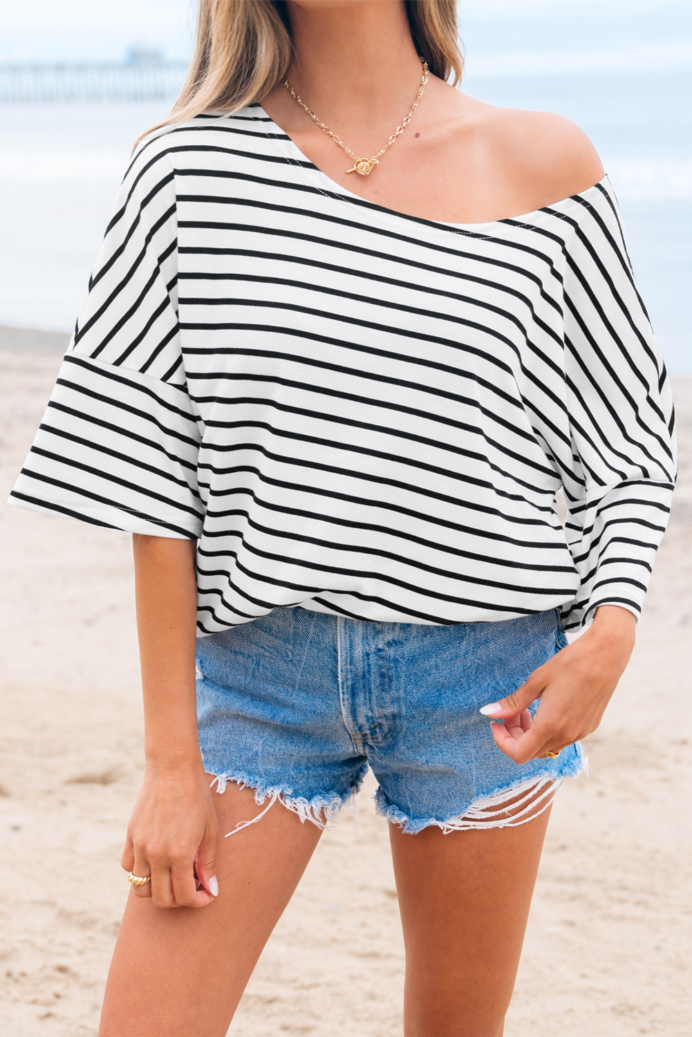 Black Stripe Half Sleeve Scoop Neck Loose Top - Image 6