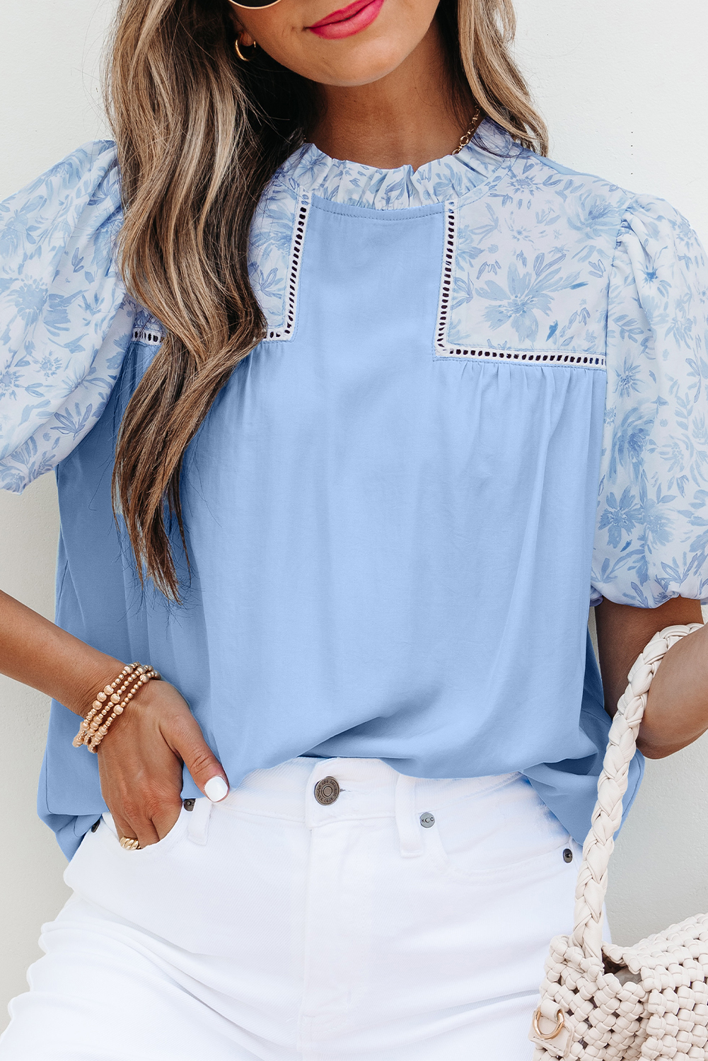 Beau Blue Lace Insert Floral Puff Sleeve Patchwork Loose Blouse - Image 6