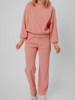 Blossom Ribbed Knit Drop Shoulder Pocketed Two Piece Lounge Set