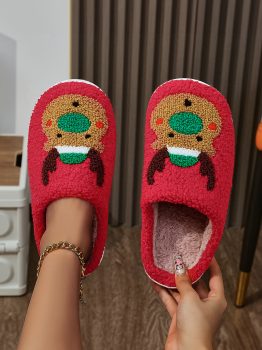 Fiery Red Christmas Reindeer Pattern Thick Sole Plush Slippers