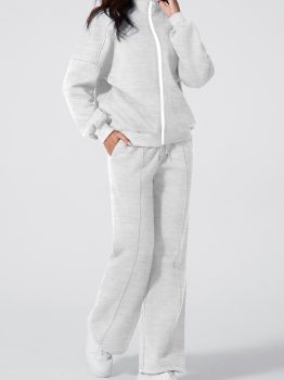 Light Grey Drop Shoulder Zip Up Jacket Drawstring Pants Active 2pcs Set