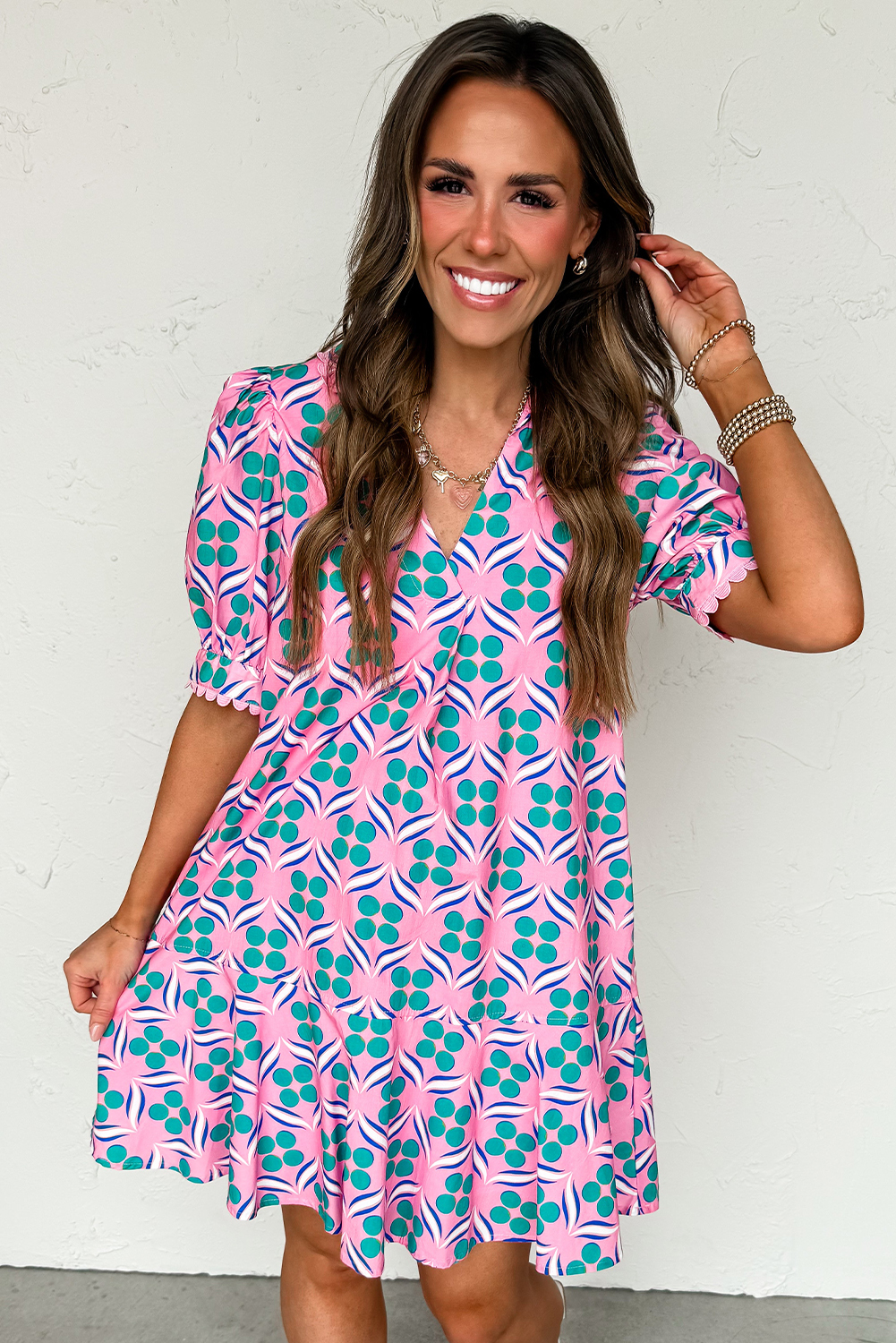 Pink Geometric Floral Print V Neck Ricrac Trim Short Sleeve Mini Dress - Image 4