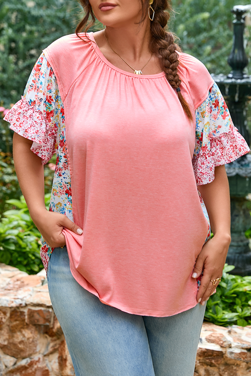 Pink Plus Size Floral Patchwork Ruffled Short Sleeve Blouse - Image 7