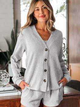 Light Grey 3 Pieces Rib Crop Camisole Matching Shorts Lounge Set with Cardigan