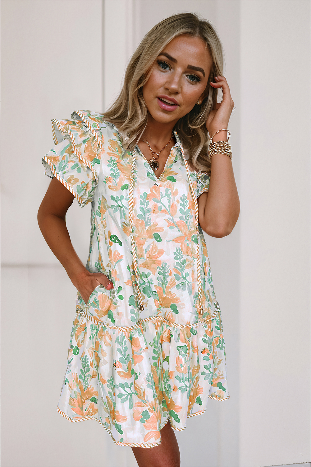 Orange Floral Contrast Edge Layered Short Sleeve Mini Dress - Image 3