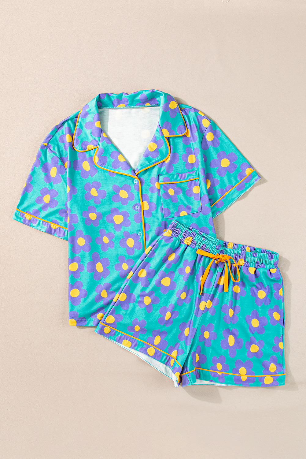 Green Flower Print Short Sleeve Shirt Pajamas Set - Image 3