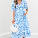 Sky Blue Floral V Neck Puff Short Sleeve Flowy Long Dress